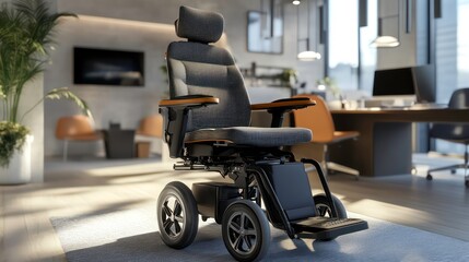 Fototapeta premium A powered wheelchair in an office setting, showcasing adaptations for professional environments