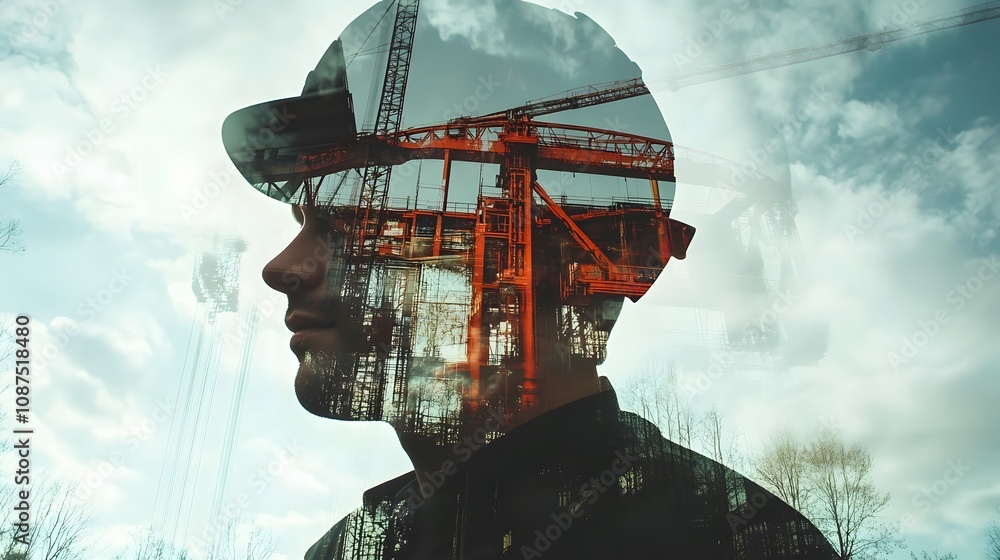 Poster thoughtful construction worker with a double exposure effect showcasing cranes and cloudy sky in the