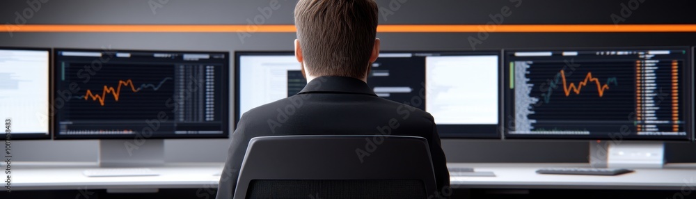 Poster a professional working at multiple monitors, analyzing data trends in a modern, tech-savvy environme