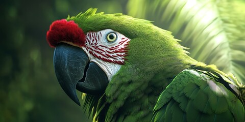 A close up of a stunning green macaw, showcasing intricate details. This endangered parrot species, known for its vibrant green feathers and distinctive red forehead, captivates with its beauty.