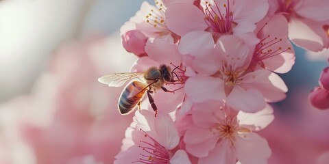 Blooming sakura in early spring showcases a bee on a cherry flower. This bee actively pollinates flowers during spring, highlighting the beauty of blooming sakura in stunning macro detail.