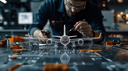Aircraft engineers working on a hybrid electric plane model, with tools and digital charts around