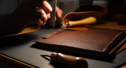 Artisan handcrafting leather journal in workshop