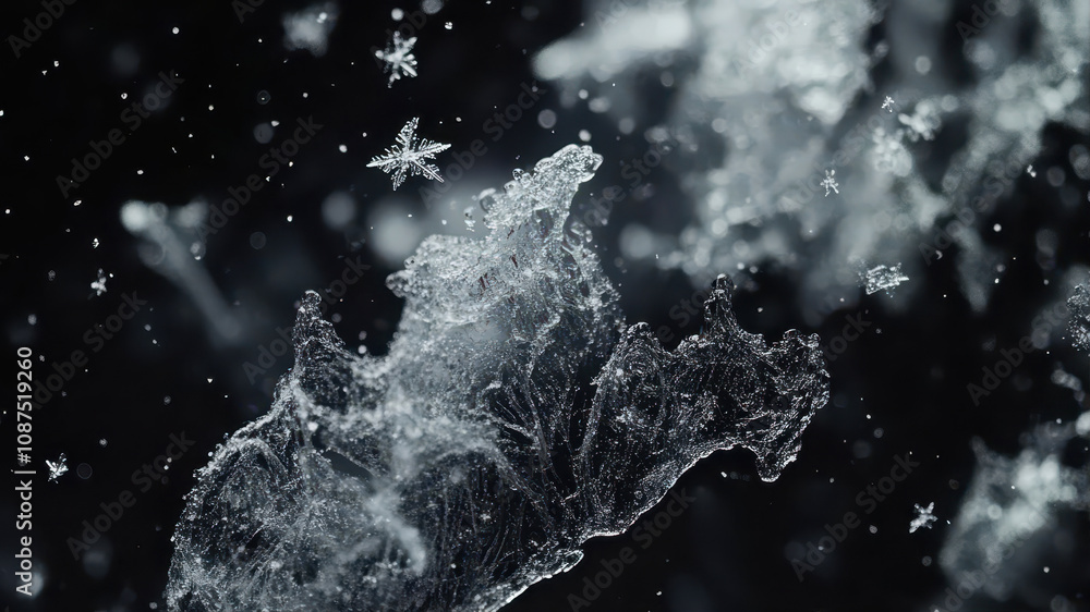 Poster snowflakes delicately falling in an enchanting winter macro setting at twilight