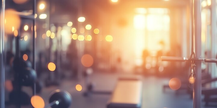 Abstract blur and defocused gym equipment create a unique ambiance in this fitness room, enhancing the atmosphere for workout enthusiasts and fitness activities in a modern setting.