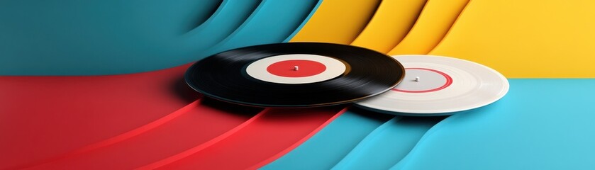 Fototapeta premium A vibrant image featuring a black and white vinyl record against a colorful backdrop of blue, red, and yellow waves.