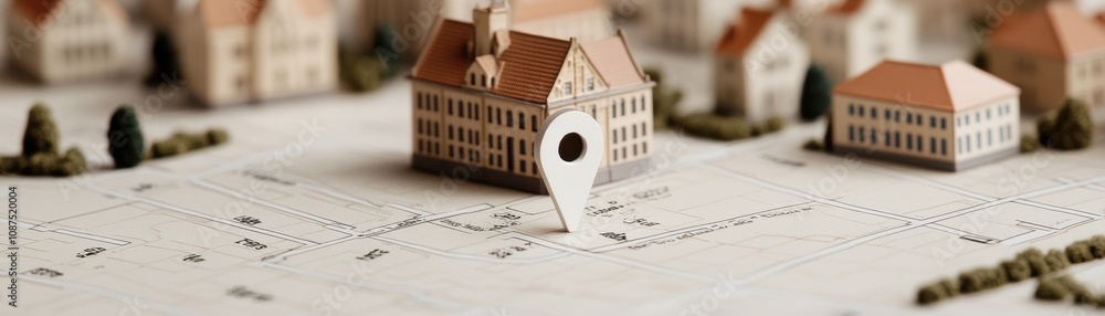 Aufkleber a miniature landscape featuring a prominent building and a location pin, illustrating navigation or 