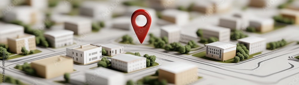 Poster a close-up view of a miniature city map highlighting a location pin, symbolizing navigation and geog