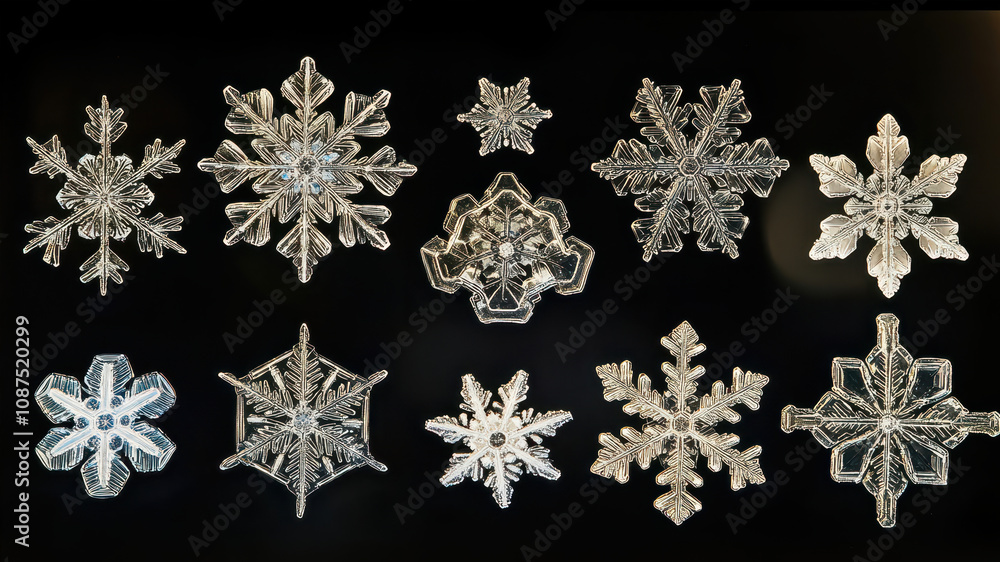 Poster Close-up of Unique Snowflakes Showcasing Intricate Shapes and Patterns on a Winter Day