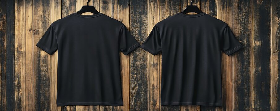 Black T-shirt front and back hanging against wooden background with warm tones
