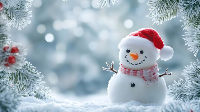 un fondo navideño para tarjeta de navidad con espacio de copia de un muñeco de nieve con ramas de pino nevado alrededor y destellos de luz