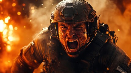 Soldier shouting amidst flames