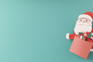 Ilustrações minimalistas de Papai Noel com presentes em fundo azul, estilo lúdico e contemporâneo, criado por IA generativa.