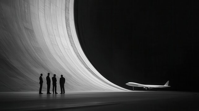 Group of engineers discussing aircraft wing designs, with wind tunnel testing in progress nearby
