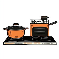 A kitchen scene featuring a pot, stove, and pan, illustrating cooking tools and preparation.
