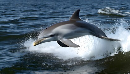 Fototapeta premium A playful dolphin leaps out of the ocean, its sleek body glistening in the sunlight. The dolphin's graceful jump creates a splash of water as it soars above the waves.