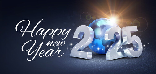 Happy New Year 2025 greeting card, best wish date numbers blue earth globe, black background