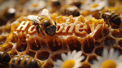 Close-Up of Honeycomb with Honey and Bee