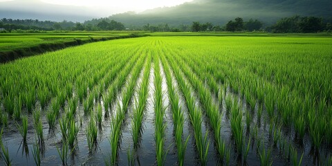 Germinating rice fields showcase the vibrant growth and lush greenery of rice as it begins its journey, highlighting the beauty of rice fields in the early stages of development.