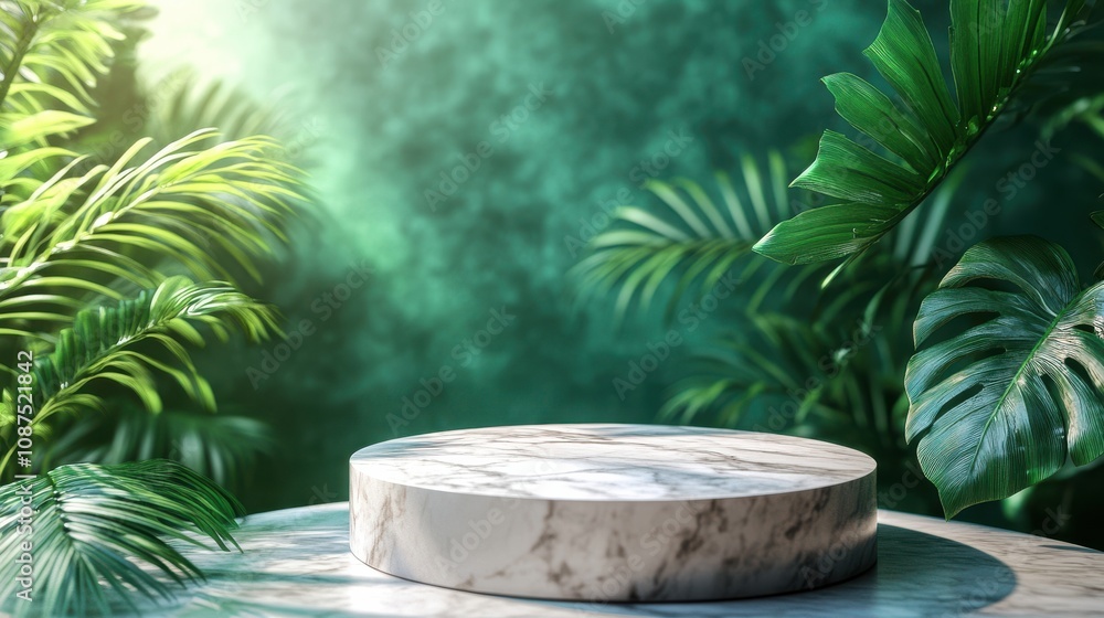 Poster a serene display featuring a circular marble platform surrounded by lush green foliage, creating a t