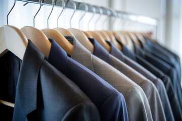 Classic business attire on wooden hangers – Minimalist and elegant