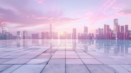 Empty square floor with city skyline background, Contemporary cityscape with expansive square, aerial view