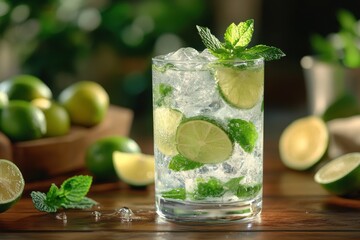Refreshing tall glass of water with lemon and mint on a wooden table surrounded by fresh limes