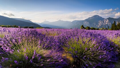 Obraz premium lavender flowers in a field with mountains at the background and sky; selective focus used