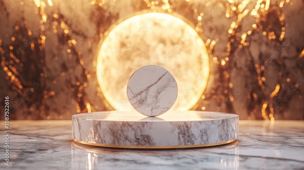 Poster a circular marble pedestal is illuminated by a glowing orb in the background, creating a striking co