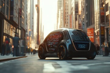 A self-driving car moves through busy city streets, showcasing onboard AI systems managing urban travel in real-time. Generative AI