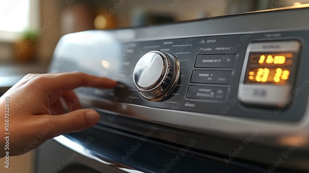 Poster close-up of lint filter warning light on modern laundry appliance during use in a home setting