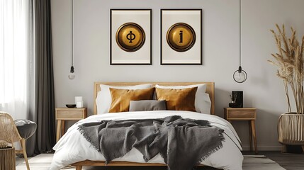 Modern bedroom interior with minimalist design, featuring a bed with a gray throw blanket, wooden nightstands, and framed gold artwork.