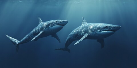 Fototapeta premium Two shark whales gracefully swim in opposite directions, showcasing their impressive size and unique movements, highlighting the beauty of these magnificent shark whales in the ocean.