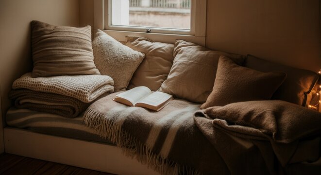 Cozy reading nook with cushions, blankets, open book - Powered by Adobe