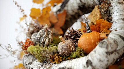 A rustic autumn wreath with birch bark, small gourds, and forest moss.
