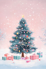 Fototapeta premium A Charming Christmas Tree Adorned With Colorful Lights and Gifts in a Snowy Winter Setting