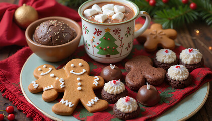 Fototapeta premium Christmas Sweets – Cocoa with Marshmallows in a Festive Mug, Cupcake, Cookies, Gingerbread, and Candies