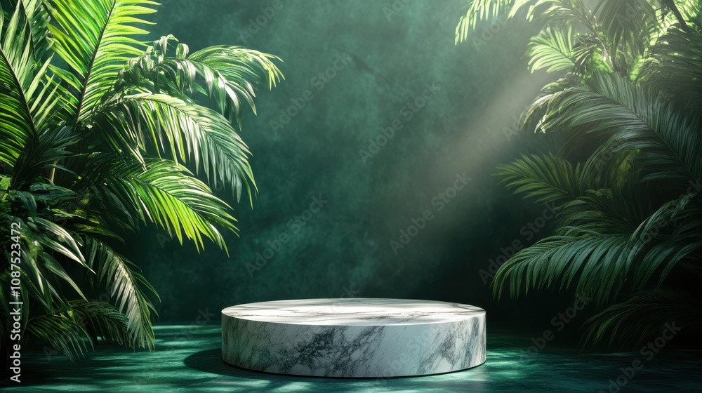 Poster a serene, illuminated space featuring a circular marble platform surrounded by lush greenery and sof