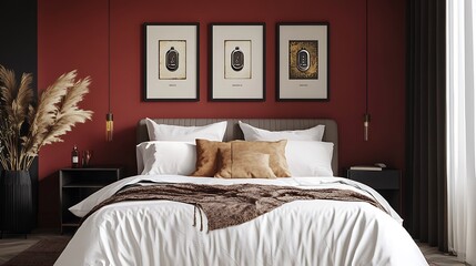 Elegant bedroom with burgundy walls, white bedding, brown throw, and framed artwork.