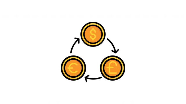 Animated dollar, euro, and pound currency exchange cycle diagram. Suitable for financial blogs, articles, educational materials, and presentations on currency exchange