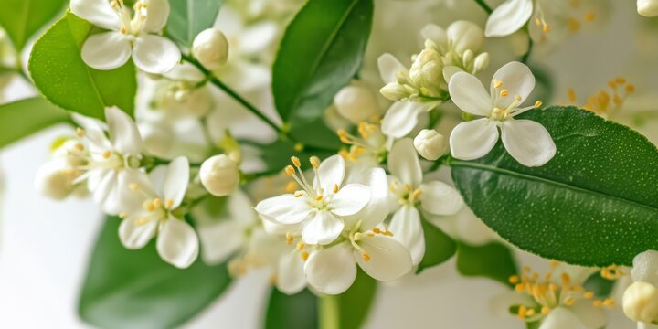 Delicate white key lime blossoms and vibrant leaves create a stunning display, showcasing the beauty of white key lime in nature s design. The white key lime blooms exude a fresh essence.