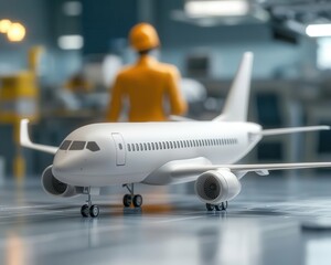 Engineers presenting a 3Drendered concept of a regional airliner in a hightech studio