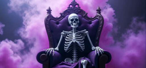 Fototapeta premium A skeletal figure, draped in a dark robe, sits on an ornate throne. The setting is illuminated by purple fog, creating an eerie yet captivating ambiance that enhances the mysterious presence.