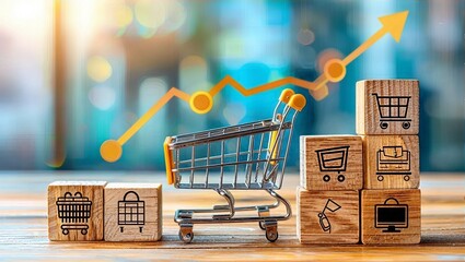 Image showcasing the concept of e-commerce growth with a shopping cart and ascending graph on wooden blocks, symbolizing online sales success.
