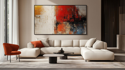 Minimalist interior design of modern living room with vibrant abstract artwork
