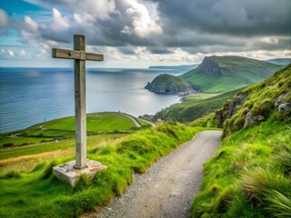 Scenic Trail Signpost Overlooking Coastal Landscape in Northern Ireland with Vibrant Green Hills and Dramatic Skies for Hiking Enthusiasts