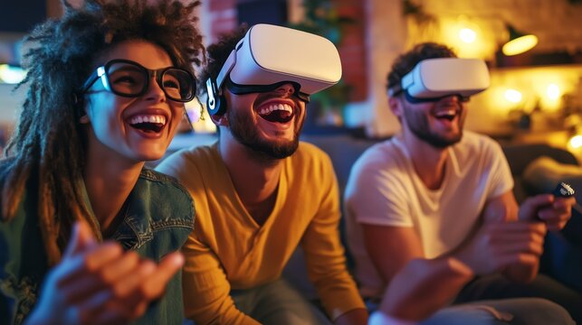 Three friends are laughing while playing a virtual reality game in their living room - Powered by Adobe
