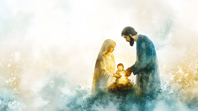 una pintura en efecto acuarela del nacimiento del ni&ntilde;o Dios del ni&ntilde;o Jesus ilustracion de la sagrada familia nacimiento en navidad y visperas de noche buena para tarjeta navide&ntilde;a