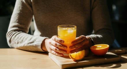Healthy morning routine with fresh orange juice fruit