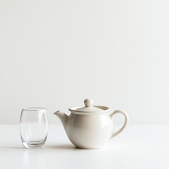 A minimalist scene featuring a teapot and a glass, suggesting a moment for tea enjoyment.
